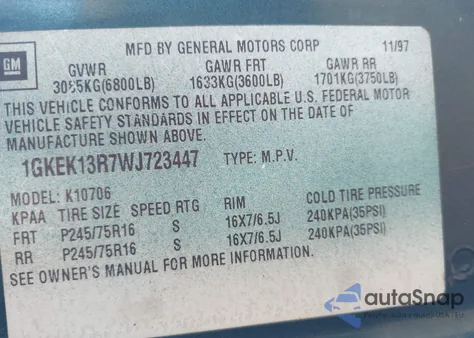 1998 GMC Yukon Slt z USA, uszkodzony, nr VIN 1GKEK13R7WJ723447